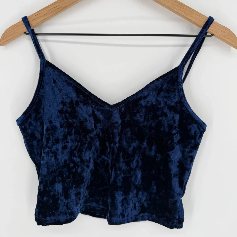 Y2K Navy Crushed Velvet Cami Crop Top Indie Grunge 90s‎ Velvet Tank